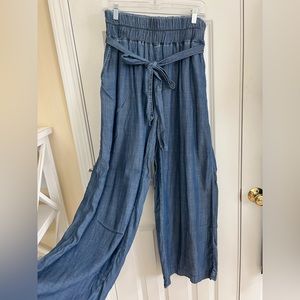 Denim wide leg pants with tie